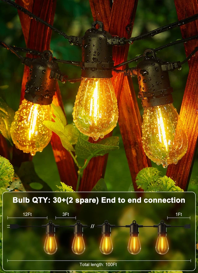 Alt view image 6 of 7 - LED Outdoor String Lights for Patio 100FT with 32 Shatterproof S14 Vintage Edison Bulbs, Waterproof Outside Hanging Lights for Backyard Deck Garden Party Xmas Decor, 2700K