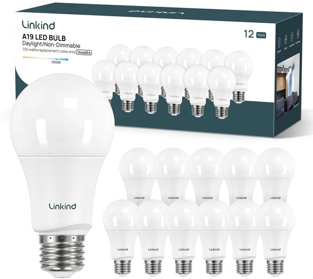 Main image of A19 LED Light Bulbs, 100 Watt Equivalent, 5000K Daylight 12 Packs Efficient 14W 1600 Lumens Non-Dimmable LED Bulb, E26 Standard Base Bulbs 120V for Home Kitchen Bedroom Living Room