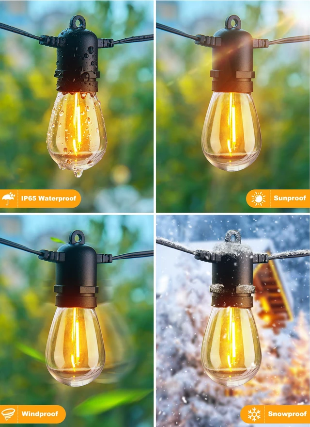 Alt view image 5 of 7 - LED Outdoor String Lights for Patio 100FT with 32 Shatterproof S14 Vintage Edison Bulbs, Waterproof Outside Hanging Lights for Backyard Deck Garden Party Xmas Decor, 2700K