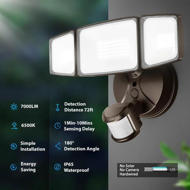 Alt view image 2 of 7 - 75W LED Flood Light Motion Sensor Outdoor, 7000lm Dusk to Dawn Flood Light, Security Light with Three Head, IP65 Waterproof Exterior Floodlight, 6500k Wall Light for Entryway Stairs Yard Garage