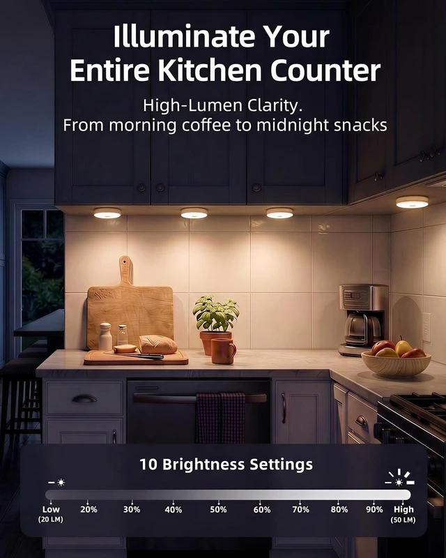 Alt view image 3 of 7 - Under Cabinet Lighting, 1000mAh Rechargeable Puck Lights with Remote, 3 Color Temps & 12 RGB Motion Sensor Closet Lights Indoor, Dimmable Under Counter Lights for Kitchen (Wood Grain, 6 Packs)