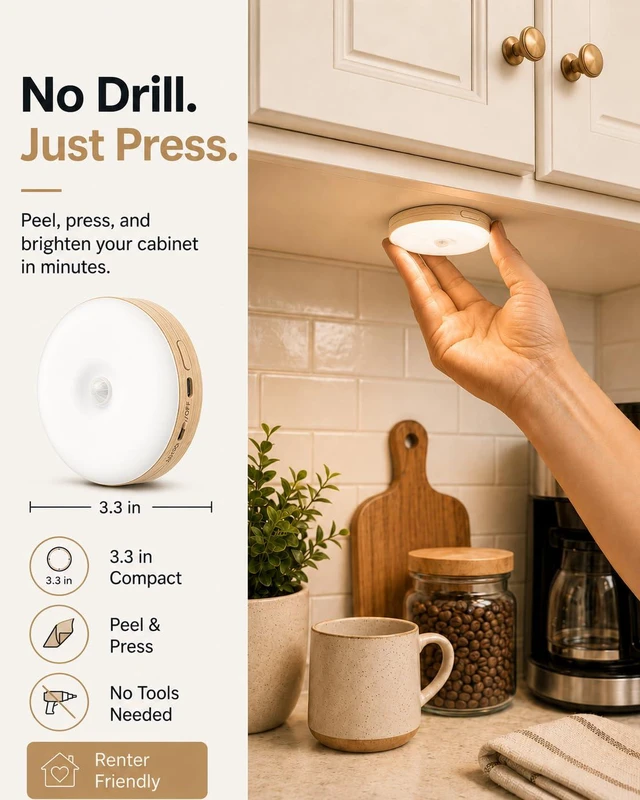 Alt view image 2 of 7 - Under Cabinet Lighting, 1000mAh Rechargeable Puck Lights with Remote, 3 Color Temps & 12 RGB Motion Sensor Closet Lights Indoor, Dimmable Under Counter Lights for Kitchen (Wood Grain, 6 Packs)
