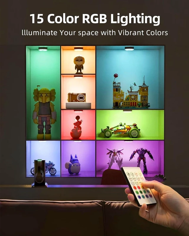 Alt view image 4 of 7 - Under Cabinet Lighting, 1000mAh Rechargeable Puck Lights with Remote, 3 Color Temps & 12 RGB Motion Sensor Closet Lights Indoor, Dimmable Under Counter Lights for Kitchen (Wood Grain, 6 Packs)