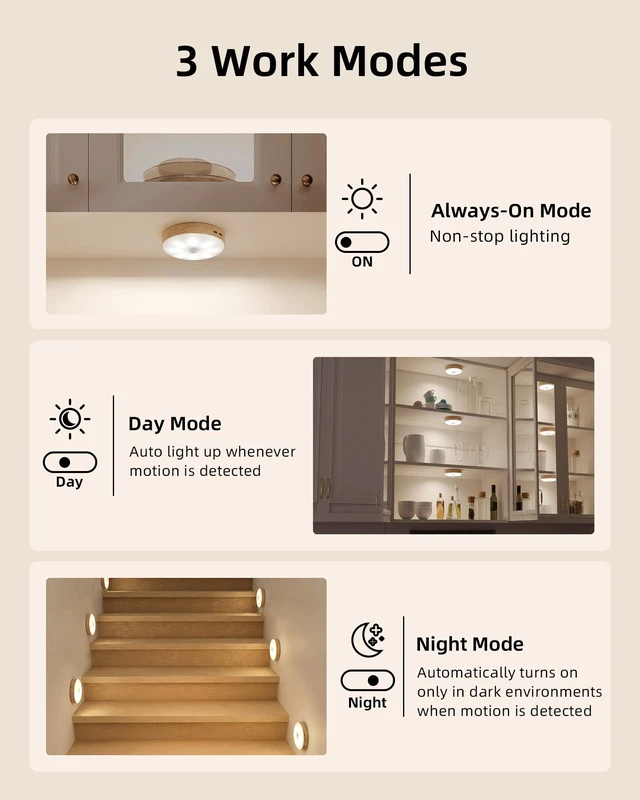 Alt view image 6 of 7 - Under Cabinet Lighting, 1000mAh Rechargeable Puck Lights with Remote, 3 Color Temps & 12 RGB Motion Sensor Closet Lights Indoor, Dimmable Under Counter Lights for Kitchen (Wood Grain, 6 Packs)