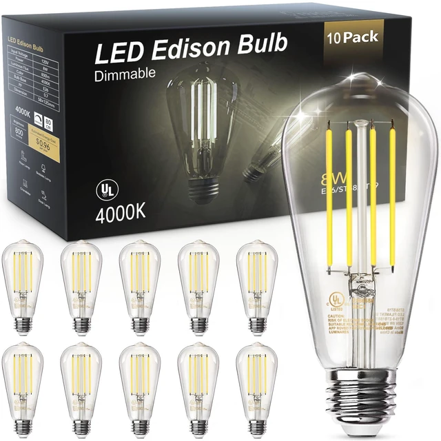 Main image of LED Edison Light Bulbs, E26 Dimmable Vintage Bulb, 8W = 60W Equivalent Neutral White 4000K, 800LM, E26 Base, ST19/58, 80+ CRI, Clear Glass, Antique Decorative Filament Bulb for Living Room, 10Pack