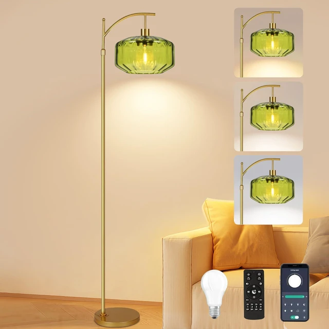 Main image of Gold Floor Lamps for Living Room Bedroom,Glass Floor Lamp with Remote Control & Green Lampshade,Arc Dimmable Floor Lamp Mid Century Modern Standing Lamp Vintage Tall Floor Lamps for Bedroom Corner
