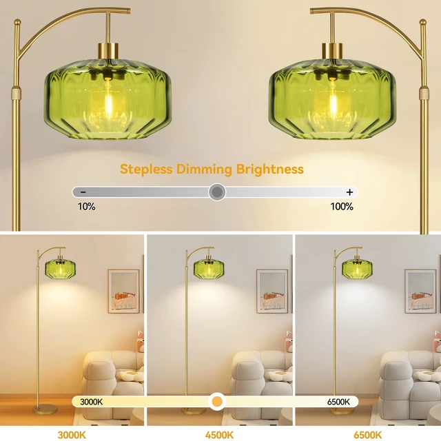Alt view image 2 of 7 - Gold Floor Lamps for Living Room Bedroom,Glass Floor Lamp with Remote Control & Green Lampshade,Arc Dimmable Floor Lamp Mid Century Modern Standing Lamp Vintage Tall Floor Lamps for Bedroom Corner