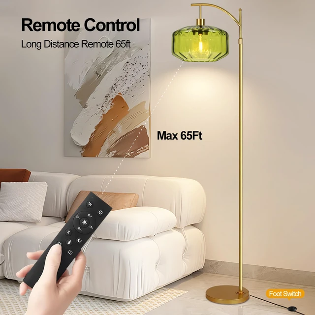 Alt view image 3 of 7 - Gold Floor Lamps for Living Room Bedroom,Glass Floor Lamp with Remote Control & Green Lampshade,Arc Dimmable Floor Lamp Mid Century Modern Standing Lamp Vintage Tall Floor Lamps for Bedroom Corner