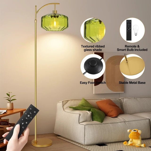 Alt view image 4 of 7 - Gold Floor Lamps for Living Room Bedroom,Glass Floor Lamp with Remote Control & Green Lampshade,Arc Dimmable Floor Lamp Mid Century Modern Standing Lamp Vintage Tall Floor Lamps for Bedroom Corner