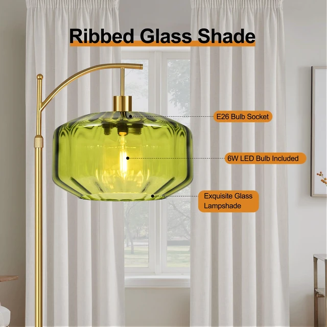 Alt view image 5 of 7 - Gold Floor Lamps for Living Room Bedroom,Glass Floor Lamp with Remote Control & Green Lampshade,Arc Dimmable Floor Lamp Mid Century Modern Standing Lamp Vintage Tall Floor Lamps for Bedroom Corner