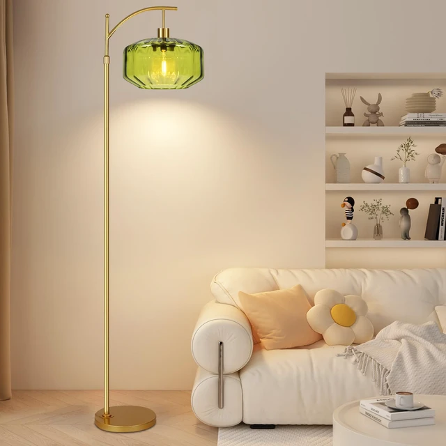 Alt view image 7 of 7 - Gold Floor Lamps for Living Room Bedroom,Glass Floor Lamp with Remote Control & Green Lampshade,Arc Dimmable Floor Lamp Mid Century Modern Standing Lamp Vintage Tall Floor Lamps for Bedroom Corner