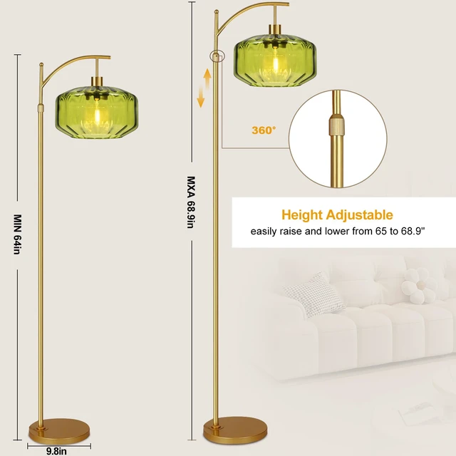 Alt view image 6 of 7 - Gold Floor Lamps for Living Room Bedroom,Glass Floor Lamp with Remote Control & Green Lampshade,Arc Dimmable Floor Lamp Mid Century Modern Standing Lamp Vintage Tall Floor Lamps for Bedroom Corner