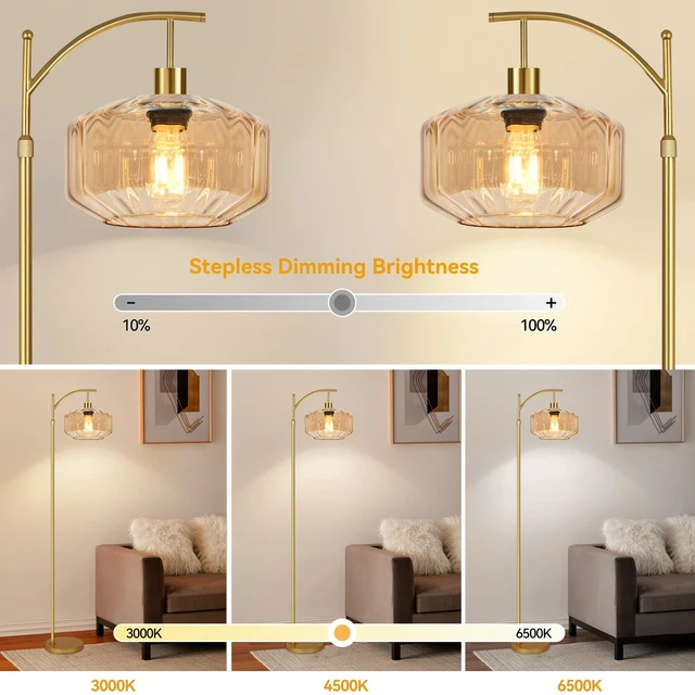 Alt view image 2 of 7 - Vintage Floor Lamps for Living Room Glass Floor Lamp with Remote Control,Dimmable Floor Lamp Gold Mid Century Modern Standing Lamp 3 Color Temperature Brass Tall Floor Lamps for Bedroom Corner