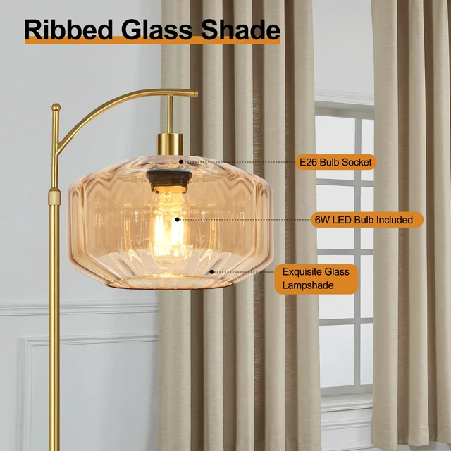 Alt view image 3 of 7 - Vintage Floor Lamps for Living Room Glass Floor Lamp with Remote Control,Dimmable Floor Lamp Gold Mid Century Modern Standing Lamp 3 Color Temperature Brass Tall Floor Lamps for Bedroom Corner