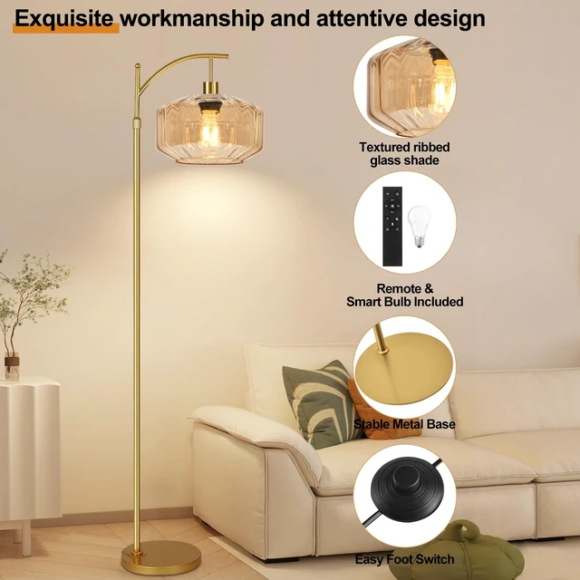 Alt view image 4 of 7 - Vintage Floor Lamps for Living Room Glass Floor Lamp with Remote Control,Dimmable Floor Lamp Gold Mid Century Modern Standing Lamp 3 Color Temperature Brass Tall Floor Lamps for Bedroom Corner