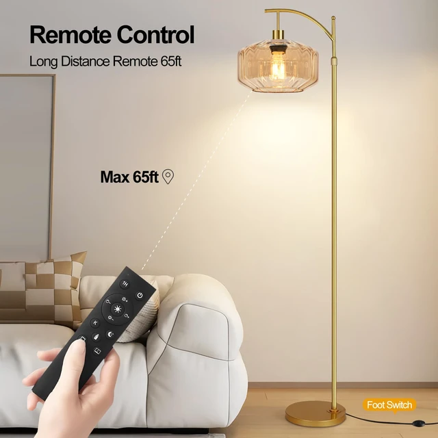 Alt view image 5 of 7 - Vintage Floor Lamps for Living Room Glass Floor Lamp with Remote Control,Dimmable Floor Lamp Gold Mid Century Modern Standing Lamp 3 Color Temperature Brass Tall Floor Lamps for Bedroom Corner