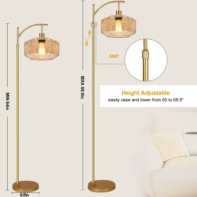 Alt view image 6 of 7 - Vintage Floor Lamps for Living Room Glass Floor Lamp with Remote Control,Dimmable Floor Lamp Gold Mid Century Modern Standing Lamp 3 Color Temperature Brass Tall Floor Lamps for Bedroom Corner