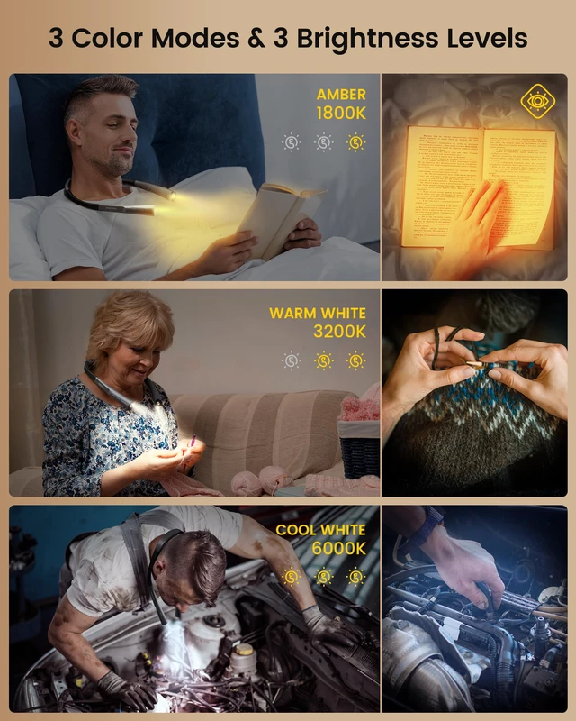 Alt view image 3 of 6 - Upgraded LED Neck Reading Light, Book Light for Reading in Bed 30-min Timer, 3 Colors & 3 Brightness, Rechargeable, Eye-Caring Perfect for Women, Knitting,Crocheting, Repairing,Christmas