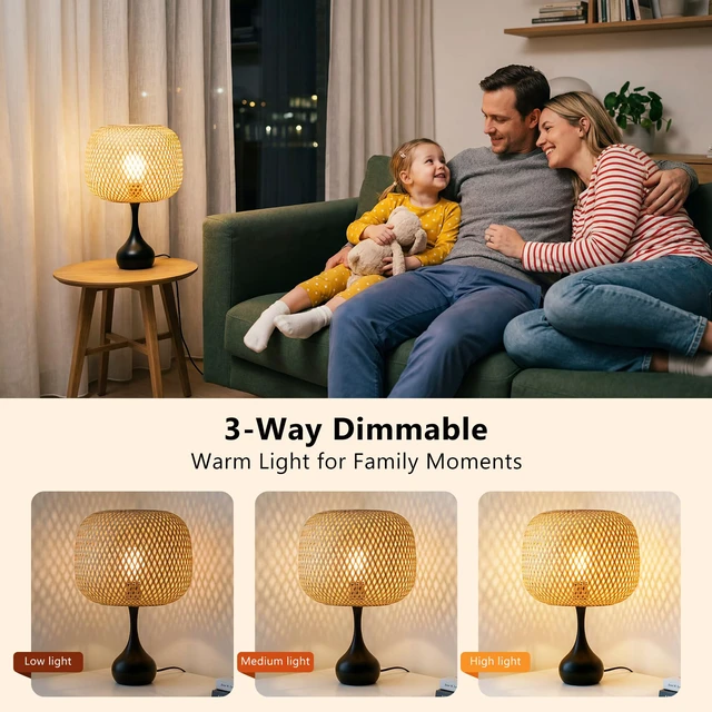Alt view image 2 of 7 - Touch Bedside Lamp for Bedroom, 3-Way Dimmable Table Lamps for Nightstand, Handwoven Bamboo Shade Desk Lamp for Living Room, Home Office