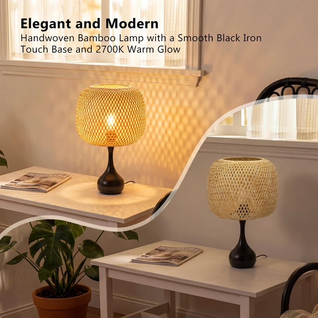 Alt view image 4 of 7 - Touch Bedside Lamp for Bedroom, 3-Way Dimmable Table Lamps for Nightstand, Handwoven Bamboo Shade Desk Lamp for Living Room, Home Office