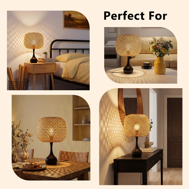 Alt view image 5 of 7 - Touch Bedside Lamp for Bedroom, 3-Way Dimmable Table Lamps for Nightstand, Handwoven Bamboo Shade Desk Lamp for Living Room, Home Office