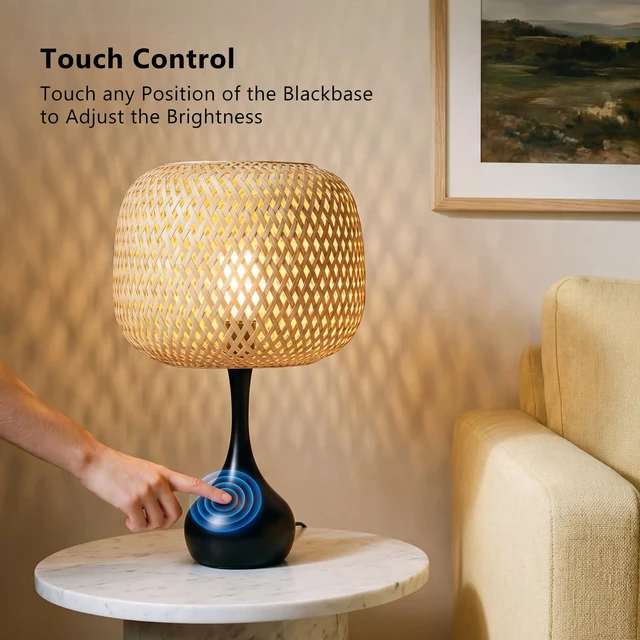 Alt view image 3 of 7 - Touch Bedside Lamp for Bedroom, 3-Way Dimmable Table Lamps for Nightstand, Handwoven Bamboo Shade Desk Lamp for Living Room, Home Office