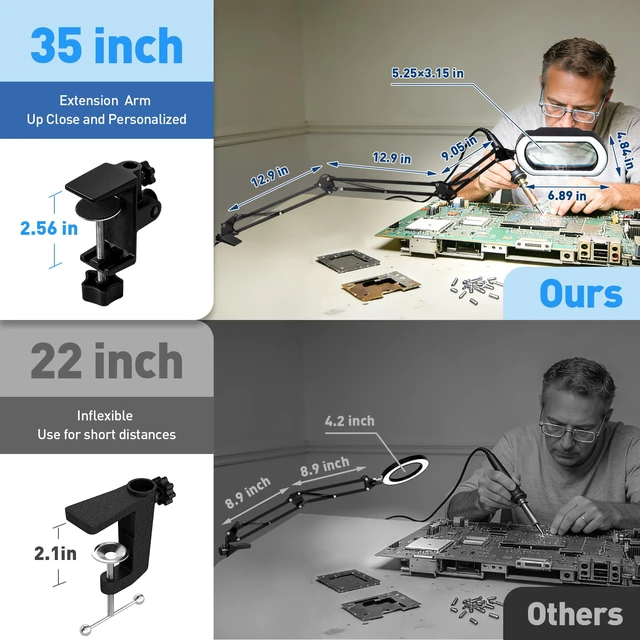 Alt view image 4 of 7 - 12X Square Ultra Long Magnifying Glass with Light and Clamp 3-Section Arm Hands-Free Lighted Stand, 5 Color Modes & Stepless Dimming LED Desk Lamp for Workbench, Modelling, Puzzle-Blue