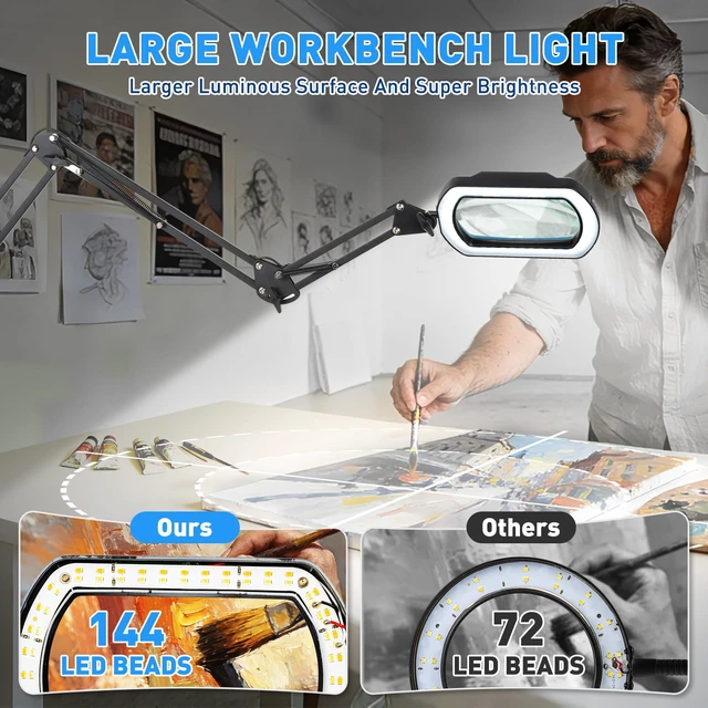 Alt view image 3 of 7 - 12X Square Ultra Long Magnifying Glass with Light and Clamp 3-Section Arm Hands-Free Lighted Stand, 5 Color Modes & Stepless Dimming LED Desk Lamp for Workbench, Modelling, Puzzle-Blue