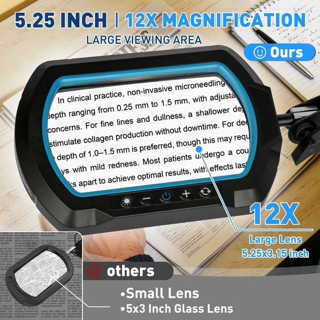 Alt view image 2 of 7 - 12X Square Ultra Long Magnifying Glass with Light and Clamp 3-Section Arm Hands-Free Lighted Stand, 5 Color Modes & Stepless Dimming LED Desk Lamp for Workbench, Modelling, Puzzle-Blue