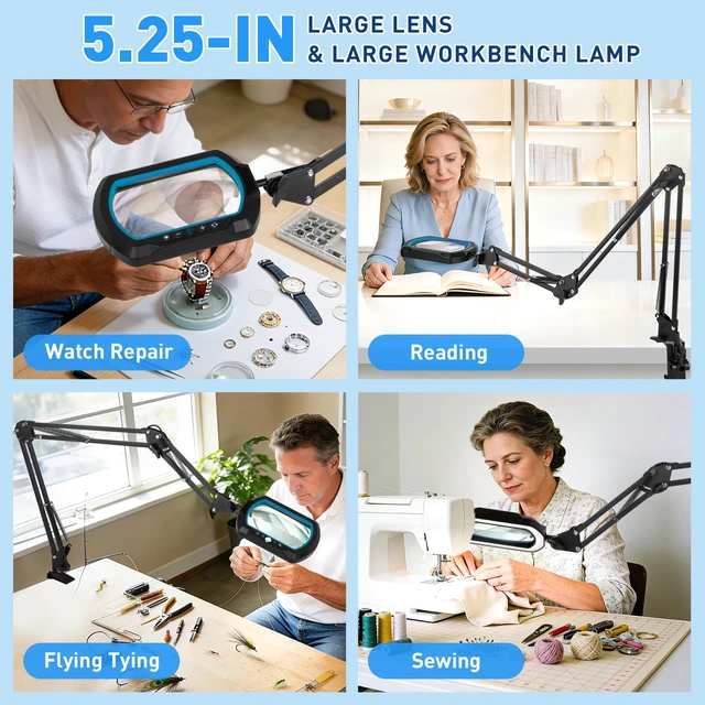 Alt view image 7 of 7 - 12X Square Ultra Long Magnifying Glass with Light and Clamp 3-Section Arm Hands-Free Lighted Stand, 5 Color Modes & Stepless Dimming LED Desk Lamp for Workbench, Modelling, Puzzle-Blue