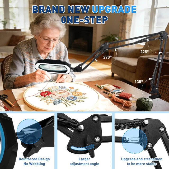 Alt view image 6 of 7 - 12X Square Ultra Long Magnifying Glass with Light and Clamp 3-Section Arm Hands-Free Lighted Stand, 5 Color Modes & Stepless Dimming LED Desk Lamp for Workbench, Modelling, Puzzle-Blue