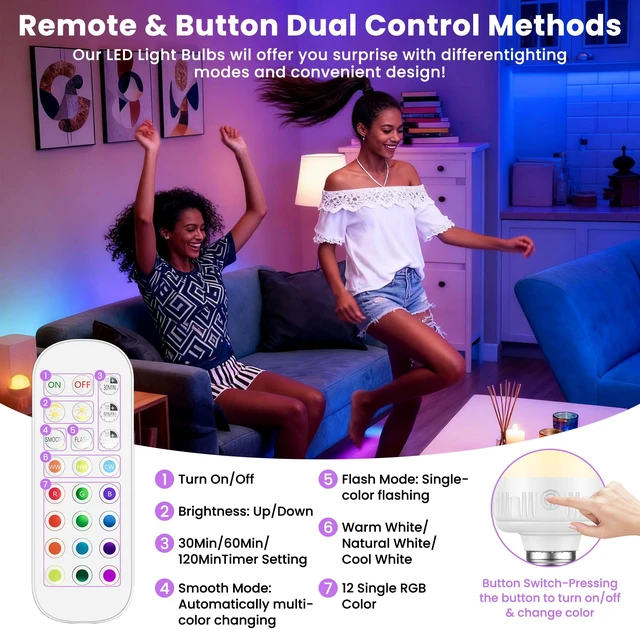 Alt view image 4 of 7 - Rechargeable Light Bulbs with Remote, E26, 15 RGB Colors, 600LM, 4 Pack 8W Dimmable Magnetic Battery-Operated Light Bulbs with Timer, 3 Color Temperatures for Sconces and Non-Hardwired Fixtures