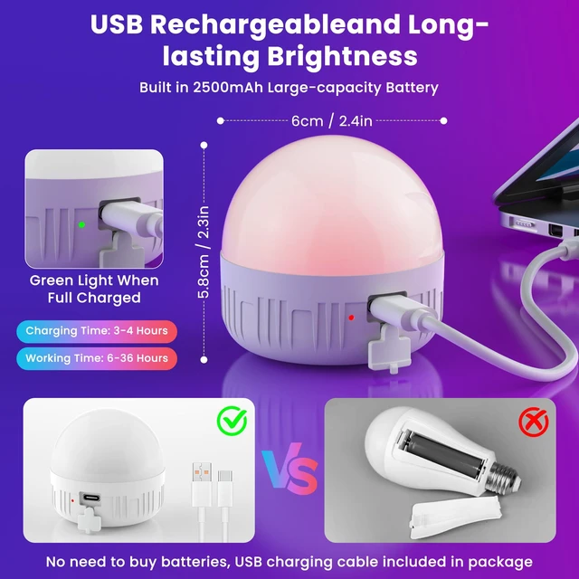 Alt view image 5 of 7 - Rechargeable Light Bulbs with Remote, E26, 15 RGB Colors, 600LM, 4 Pack 8W Dimmable Magnetic Battery-Operated Light Bulbs with Timer, 3 Color Temperatures for Sconces and Non-Hardwired Fixtures