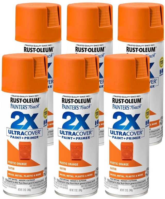 Main image of Painter's Touch 2X Ultra Cover Spray Paint, Satin Rustic Orange Indoor and Outdoor Surfaces (Metal, Wood, Plastic), Fast Dry, Durable, Sprays from Any Angle, Comfort Tip, Oil Based, 6 Pack