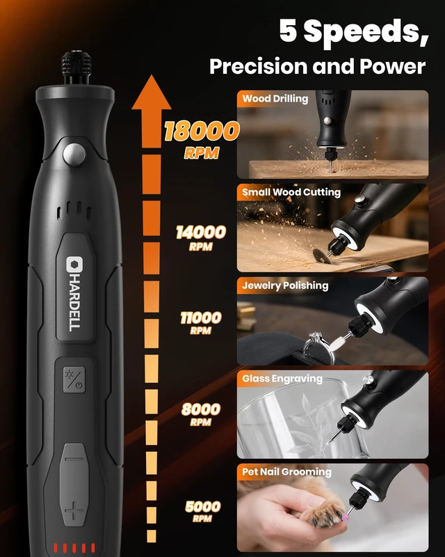 Alt view image 7 of 7 - Mini Cordless Rotary Tool for 3D Printer Sanding with 360 LED Light 5 Speed 5000-18000RPM, 2000mAh 70pcs Kit, Power Rotary Tools for Sanding Polishing Cutting Carving DIY and Craft Projects