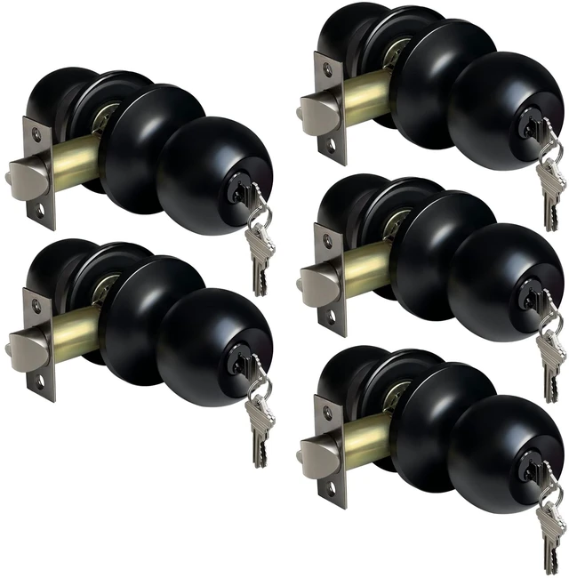 Main image of 5 Pack Door Knob with Lock and Key, Keyed Different, Matte Black Entry Door Knob, for Entrance and Front Door