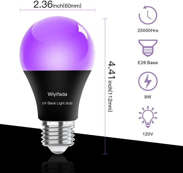 Alt view image 6 of 6 - LED Black Light Bulbs 12 Pack, A19 9W UV Black Light Replace Up to 100W, 120V E26 Base UVA Level 385-400nm, Glow in The Dark for Body Pain, Blacklights Party, Halloween