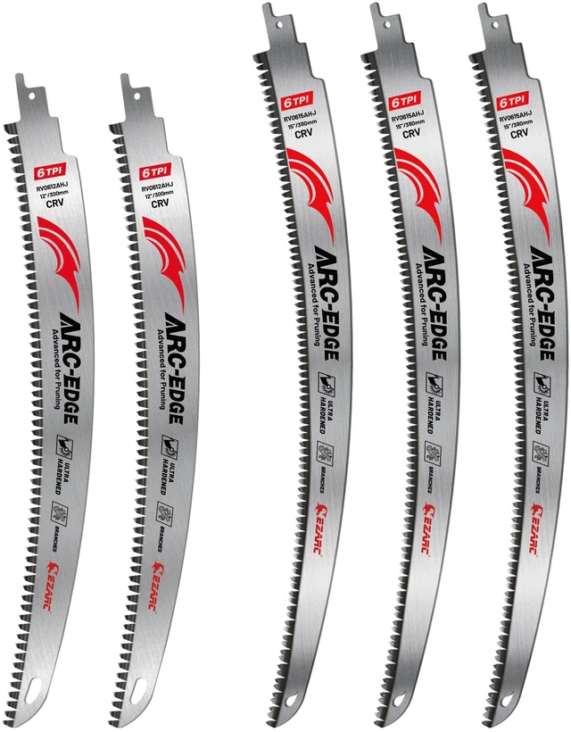 Main image of Arc Edge Reciprocating Saw Blades, 6TPI for Pruning, 5-Pack 3 Pcs 15-Inch and 2 Pcs 12-Inch, Arc Edge, Fleam Ground Teeth, Chrome Vanadium Steel, Up to 3x Life, for Tree Trimming