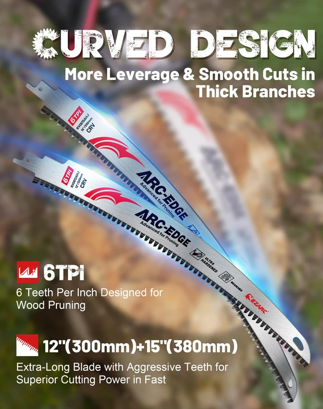 Alt view image 2 of 7 - Arc Edge Reciprocating Saw Blades, 6TPI for Pruning, 5-Pack 3 Pcs 15-Inch and 2 Pcs 12-Inch, Arc Edge, Fleam Ground Teeth, Chrome Vanadium Steel, Up to 3x Life, for Tree Trimming