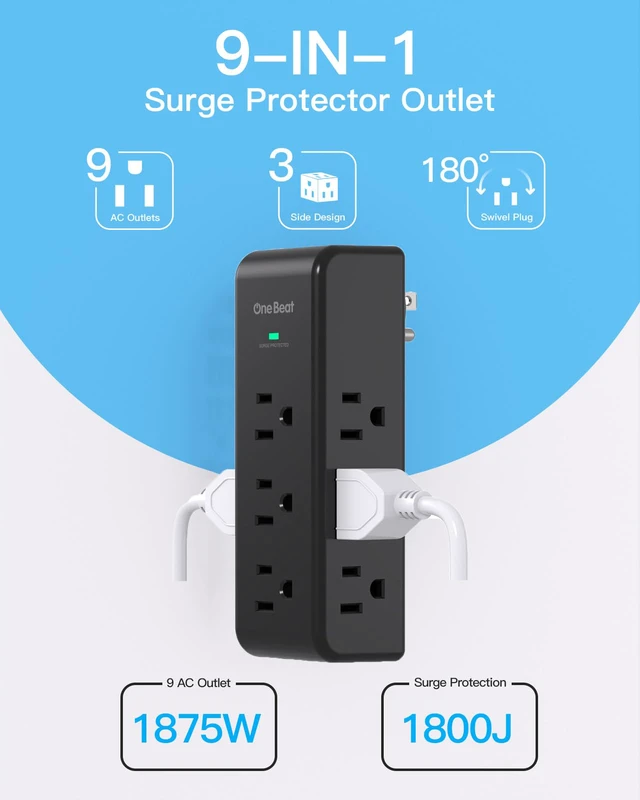 Alt view image 2 of 7 - Surge Protector Outlet Extender Rotating Plug, 9 AC Multi Plug Outlet,Black 1800J Wall Charger, 3-Sided Power Strip Electrical Plug Adapter Outlet Splitter Plug Expander for Home Office College Dorm