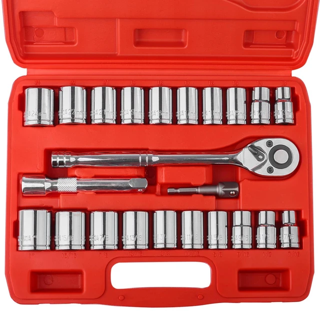 Main image of 1/2" Drive Socket Set, 23 Piece Standard SAE (7/16 to 1 inch) and Metric (13-19, 21, 22, 24mm) 6 Point, with Quick Release Ratchet, Extension Bars, Drive Drill Adapter