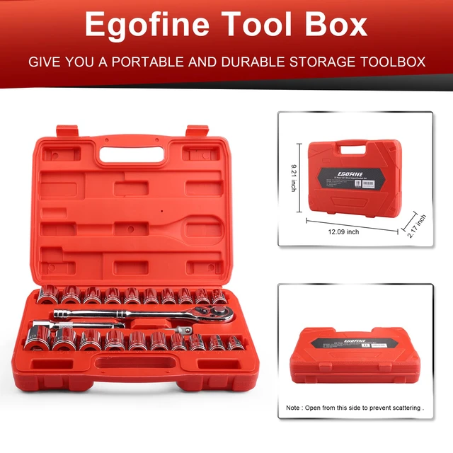 Alt view image 4 of 7 - 1/2" Drive Socket Set, 23 Piece Standard SAE (7/16 to 1 inch) and Metric (13-19, 21, 22, 24mm) 6 Point, with Quick Release Ratchet, Extension Bars, Drive Drill Adapter