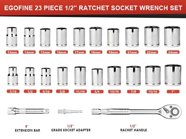 Alt view image 2 of 7 - 1/2" Drive Socket Set, 23 Piece Standard SAE (7/16 to 1 inch) and Metric (13-19, 21, 22, 24mm) 6 Point, with Quick Release Ratchet, Extension Bars, Drive Drill Adapter