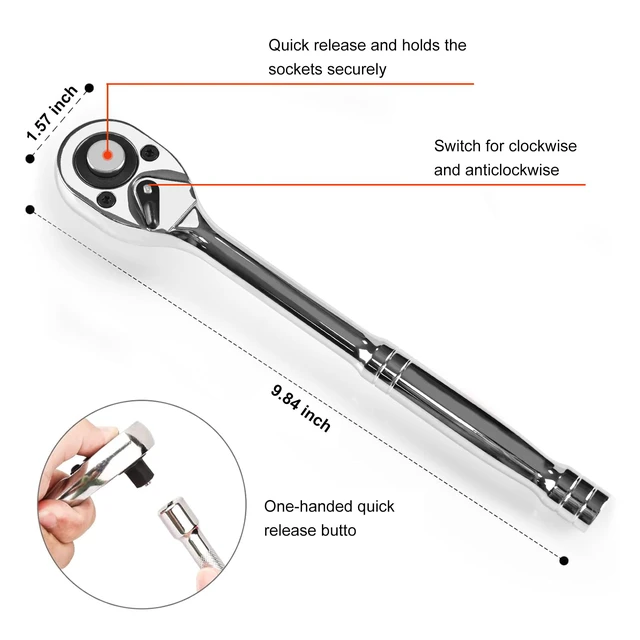 Alt view image 3 of 7 - 1/2" Drive Socket Set, 23 Piece Standard SAE (7/16 to 1 inch) and Metric (13-19, 21, 22, 24mm) 6 Point, with Quick Release Ratchet, Extension Bars, Drive Drill Adapter