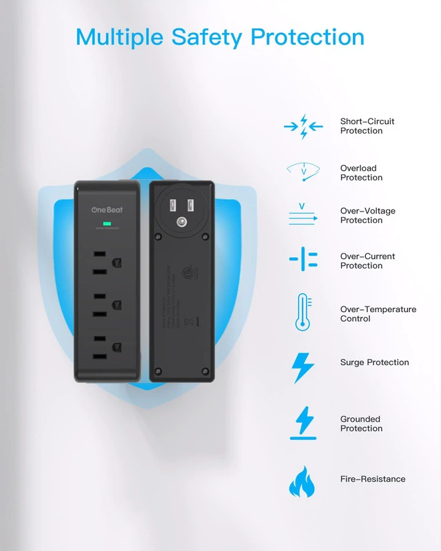 Alt view image 5 of 7 - Surge Protector Outlet Extender Rotating Plug, 9 AC Multi Plug Outlet,Black 1800J Wall Charger, 3-Sided Power Strip Electrical Plug Adapter Outlet Splitter Plug Expander for Home Office College Dorm