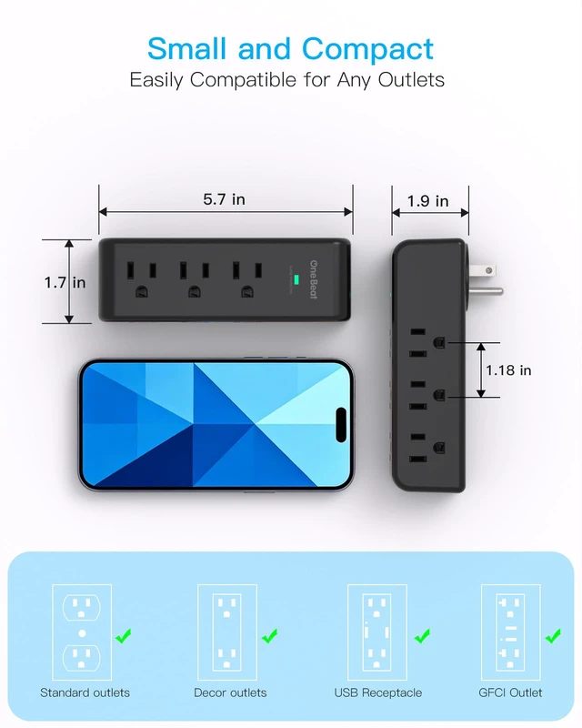 Alt view image 6 of 7 - Surge Protector Outlet Extender Rotating Plug, 9 AC Multi Plug Outlet,Black 1800J Wall Charger, 3-Sided Power Strip Electrical Plug Adapter Outlet Splitter Plug Expander for Home Office College Dorm
