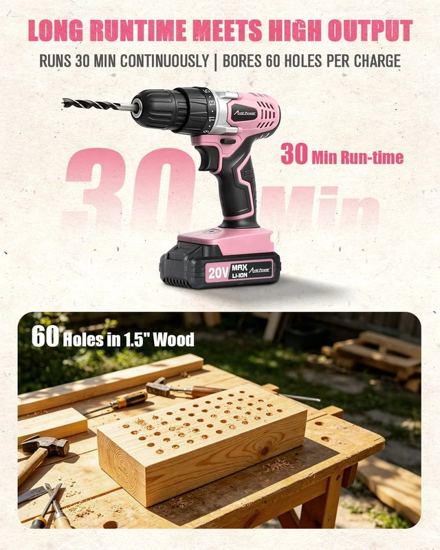 Alt view image 2 of 7 - 20V Cordless Drill Set for Home DIY & Beginner Projects - Lightweight Power Drill with Battery Charger & 22 Bits, Variable Speed, 3/8" Keyless Chuck, Ideal for Furniture Assembly (Pink)