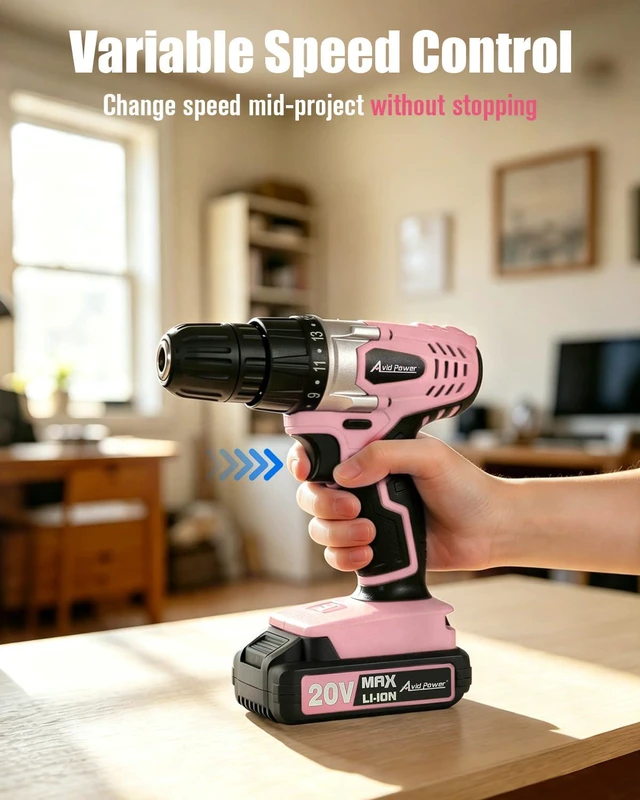 Alt view image 4 of 7 - 20V Cordless Drill Set for Home DIY & Beginner Projects - Lightweight Power Drill with Battery Charger & 22 Bits, Variable Speed, 3/8" Keyless Chuck, Ideal for Furniture Assembly (Pink)
