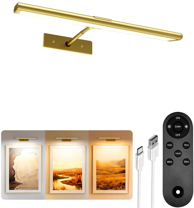 Main image of Picture Light for Wall, 13'' Rechargeable Magnetic with Remote 4800mAh gold battery wireless lights with 3 colors, dimming and timer for paintings, posters, frames, photo, wall art decor