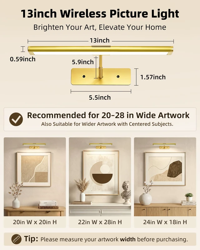 Alt view image 7 of 7 - Picture Light for Wall, 13'' Rechargeable Magnetic with Remote 4800mAh gold battery wireless lights with 3 colors, dimming and timer for paintings, posters, frames, photo, wall art decor